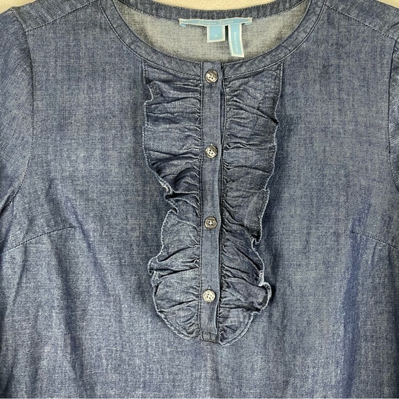 Draper James Dark Wash Chambray Ruffle 3/4 Sleeves Shift Dress - Picture 3 of 7